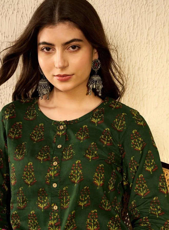 Take Two Dark Green Cotton Blend Floral Print Tunic with Round Neck By  AHIKA
