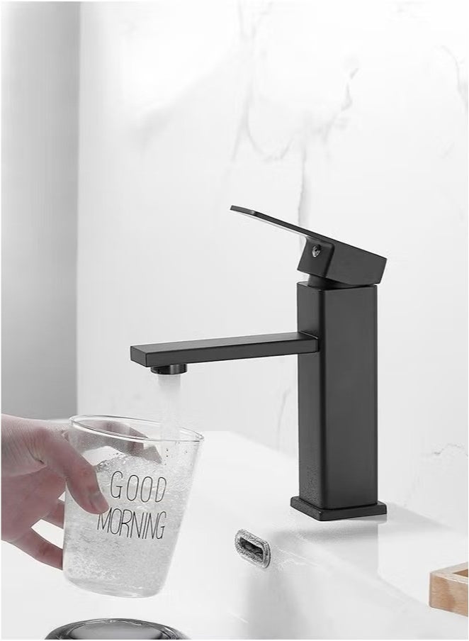 Monda Modern Basin Faucet, Bathroom Black Chrome Brushed Faucet, Countertop Mount Basin Sink Faucet, Mixer Hot and Cold Stainless Steel Faucet, Home Single Hole Basin Faucet with 60cm Hose, Black - Image 1