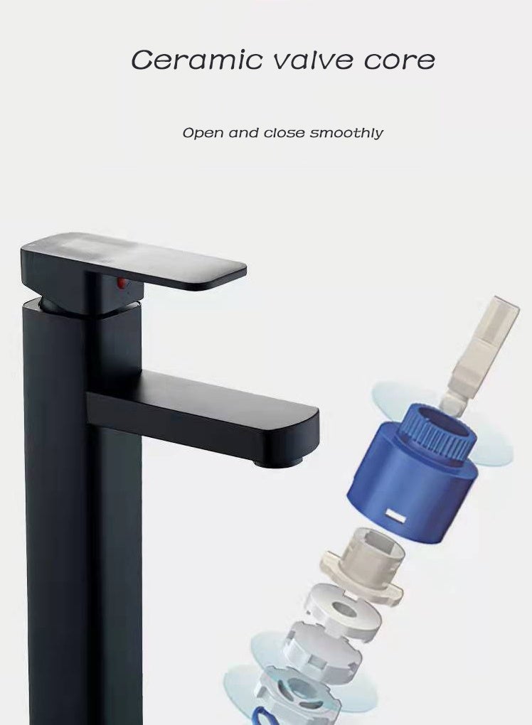 Monda Modern Basin Faucet, Bathroom Black Chrome Brushed Faucet, Countertop Mount Basin Sink Faucet, Mixer Hot and Cold Stainless Steel Faucet, Home Single Hole Basin Faucet with 60cm Hose, Black - Image 5