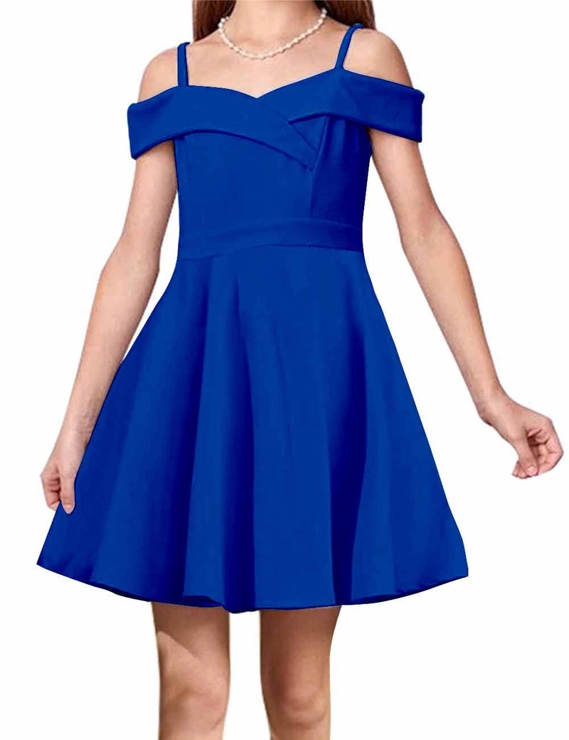 LuckyShe Big Girls Princess Dresses Elegant Cold Shoulder A Line Swing Party Dress for KidsBlue10 Years