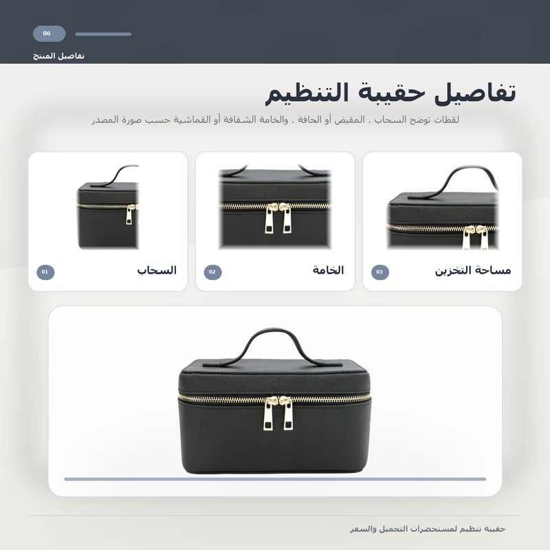 Leather Case Large Capacity Carry Handle Cosmetic Organizer and Travel Storage Makeup Train in Black for cosmetics - Image 2