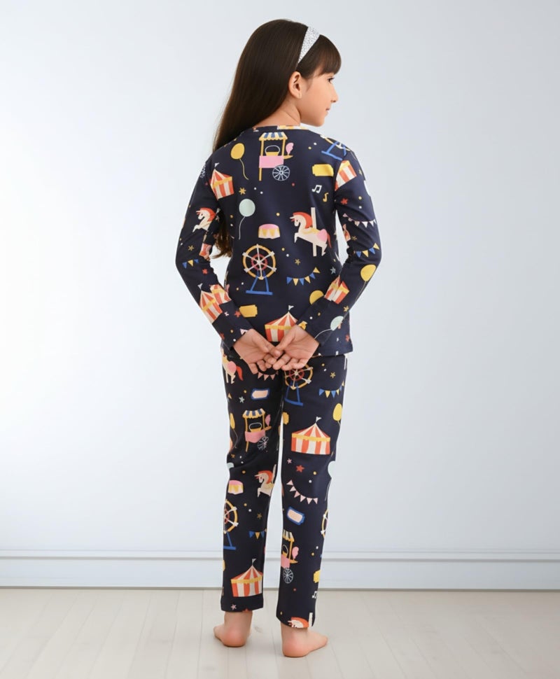 ANTHRILO Pure Cotton Printed Pyjama Set for Girls | Regular Wear | Carnival Circus Long Sleeves Pyjama Set - Blue 12-14 Years - Image 4