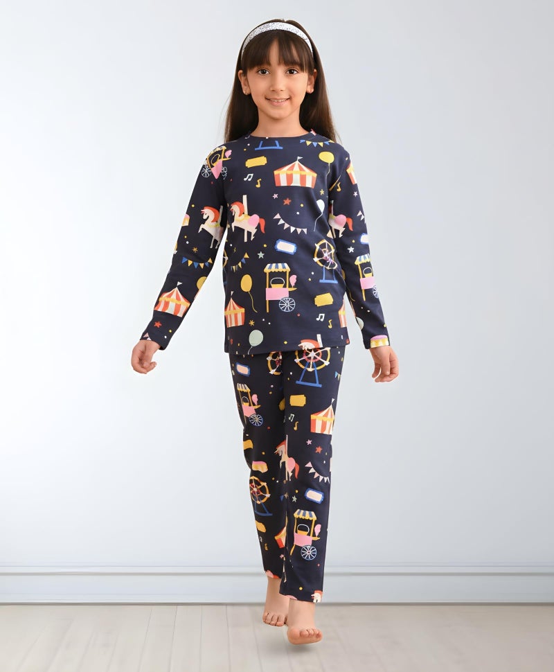 ANTHRILO Pure Cotton Printed Pyjama Set for Girls | Regular Wear | Carnival Circus Long Sleeves Pyjama Set - Blue 12-14 Years - Image 2