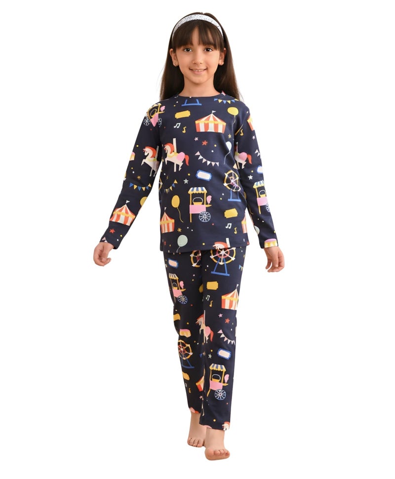ANTHRILO Pure Cotton Printed Pyjama Set for Girls | Regular Wear | Carnival Circus Long Sleeves Pyjama Set - Blue 12-14 Years - Image 1