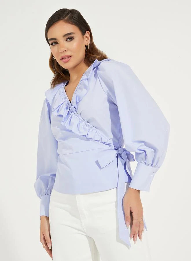 Styli Ruffled Wrap Top with Tie-Up Detail