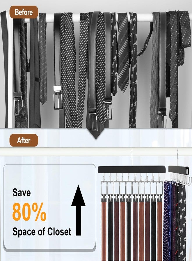 TOPIA HANGER 2 Pack 2 in 1 Belt Tie Hanger for Closet Max 60 Belts with 60 Ties Capacity, 40 Hooks Belt Tie Racks Wooden Hanger for Closet Organizer Storage “U” Fit Belt and “一” Fit Tie - CT52B - Image 2