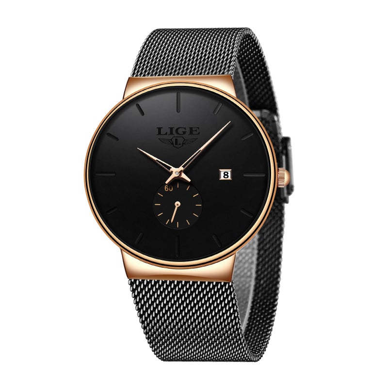 LIGE Wrist Watches for Men Waterproof Dress Vintage Work Casual Stainless Steel 3ATM Water Resistant Japanese Quartz Movement Date Display Business Retro Minimalist Thin Mens Analog Watch,Gold Dial - Image 1