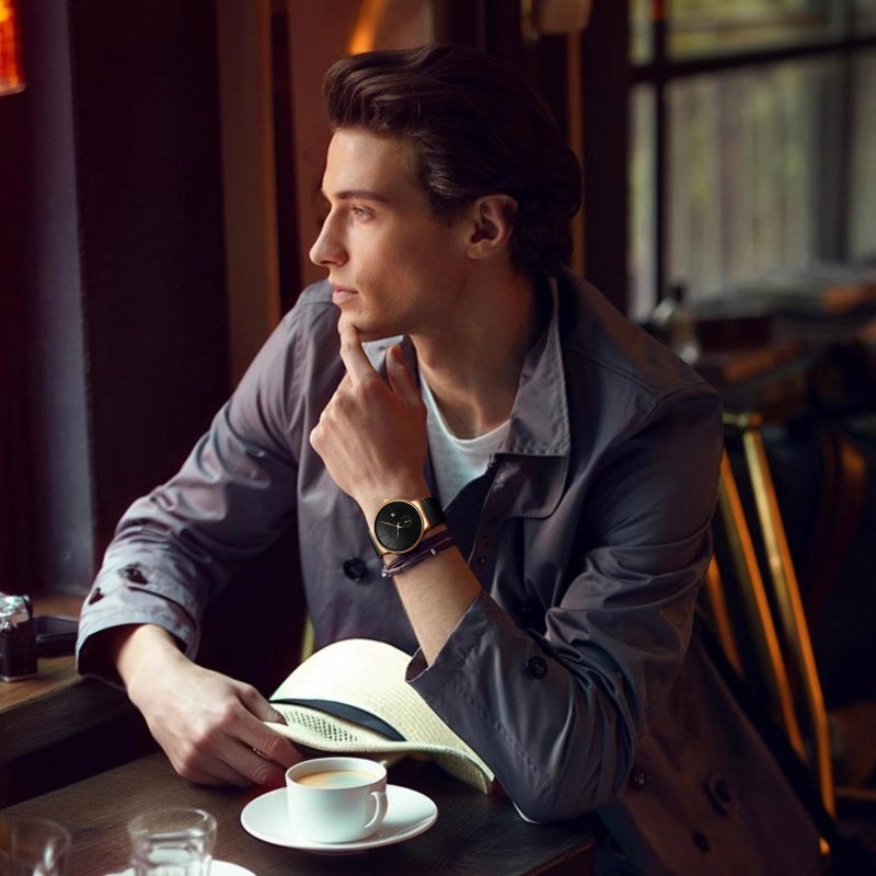 LIGE Wrist Watches for Men Waterproof Dress Vintage Work Casual Stainless Steel 3ATM Water Resistant Japanese Quartz Movement Date Display Business Retro Minimalist Thin Mens Analog Watch,Gold Dial - Image 5