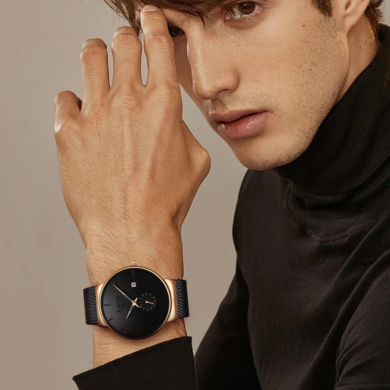 LIGE Wrist Watches for Men Waterproof Dress Vintage Work Casual Stainless Steel 3ATM Water Resistant Japanese Quartz Movement Date Display Business Retro Minimalist Thin Mens Analog Watch,Gold Dial - Image 2