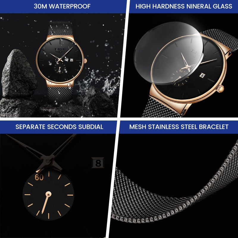 LIGE Wrist Watches for Men Waterproof Dress Vintage Work Casual Stainless Steel 3ATM Water Resistant Japanese Quartz Movement Date Display Business Retro Minimalist Thin Mens Analog Watch,Gold Dial - Image 4