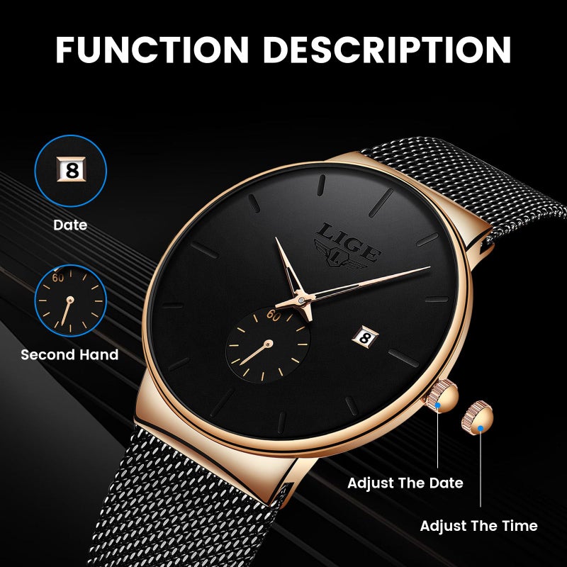 LIGE Wrist Watches for Men Waterproof Dress Vintage Work Casual Stainless Steel 3ATM Water Resistant Japanese Quartz Movement Date Display Business Retro Minimalist Thin Mens Analog Watch,Gold Dial - Image 3