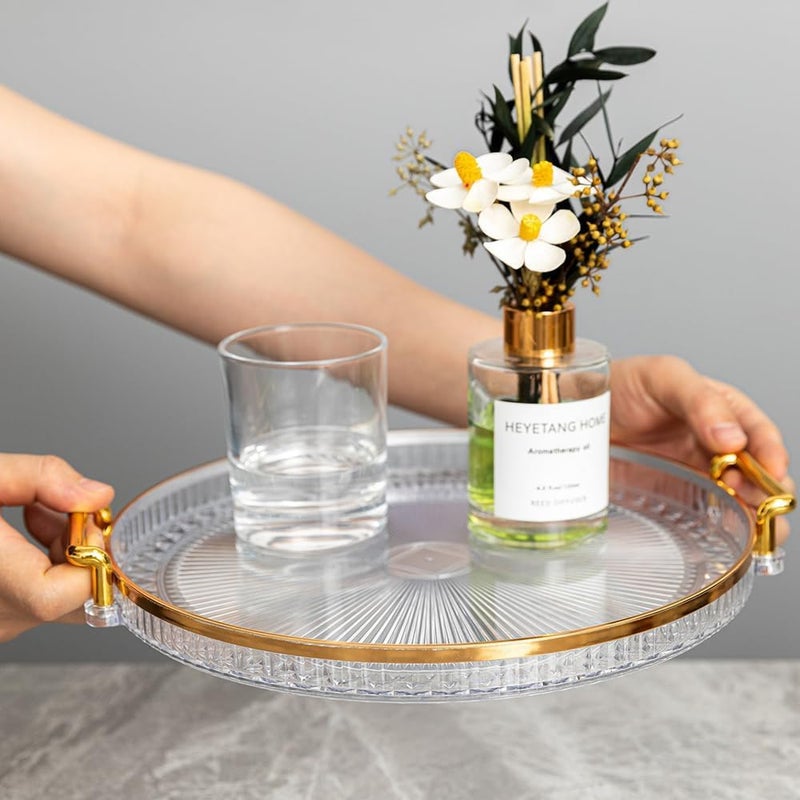 VPGS Decorative Tray with Golden Handles, Modern Clear Round Serving Tray, Coffee Table Tray Ottoman Tray for Living Room, Dining, Kitchen, Bathroom - Image 2