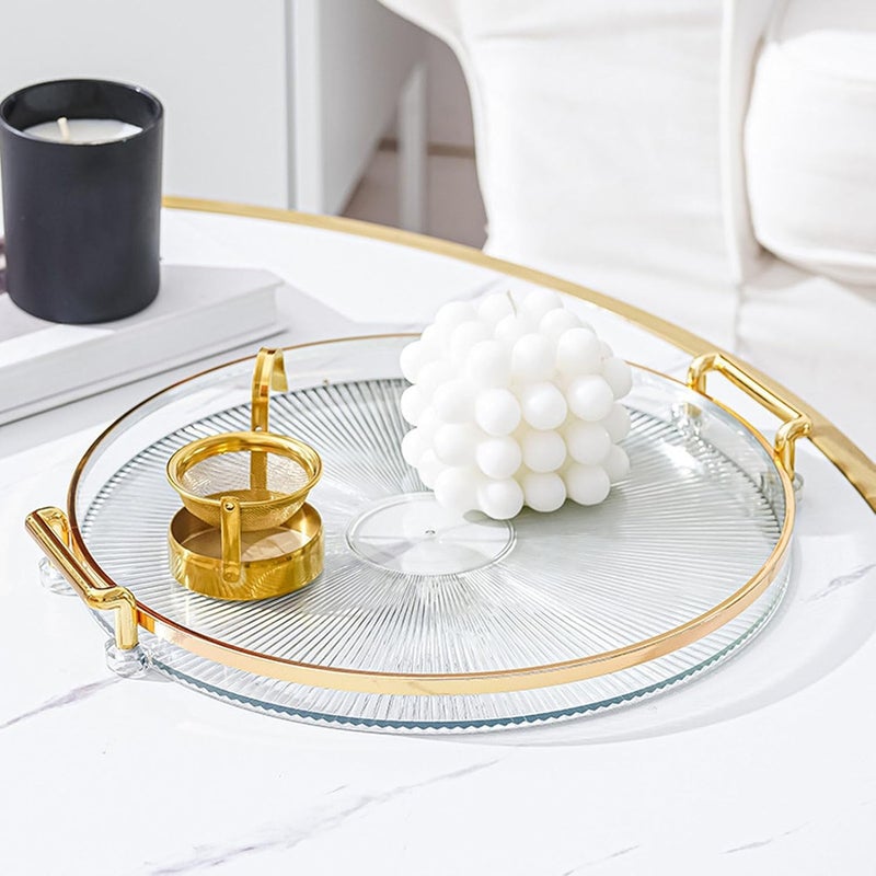 VPGS Decorative Tray with Golden Handles, Modern Clear Round Serving Tray, Coffee Table Tray Ottoman Tray for Living Room, Dining, Kitchen, Bathroom - Image 1