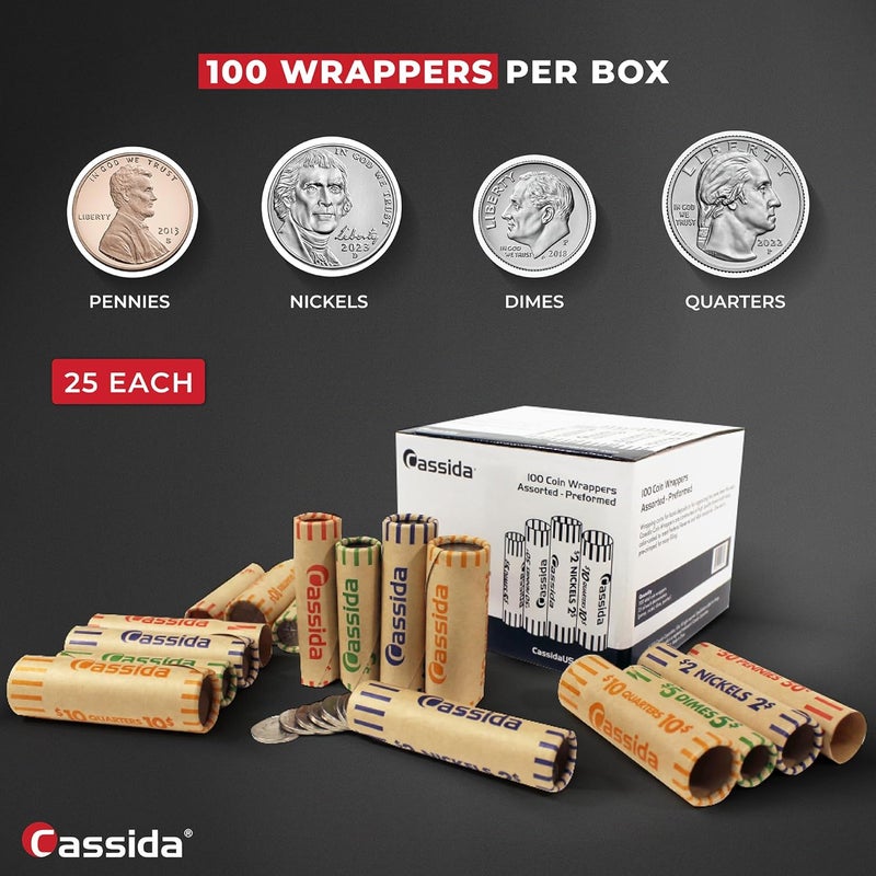 Cassida Preformed Coin Roll Wrappers. 100 Assorted Pack (Penny, Nickel, Dime, Quarter) Durable Preformed Paper Tubes Crimped on One End - Federal Reserve and ABA Standards (A-CWAP) - Image 3