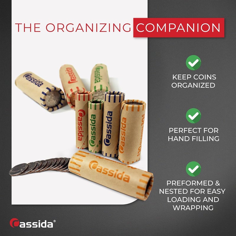 Cassida Preformed Coin Roll Wrappers. 100 Assorted Pack (Penny, Nickel, Dime, Quarter) Durable Preformed Paper Tubes Crimped on One End - Federal Reserve and ABA Standards (A-CWAP) - Image 2