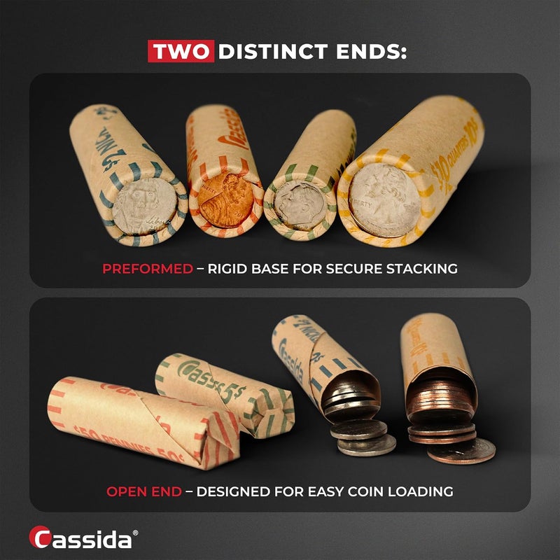 Cassida Preformed Coin Roll Wrappers. 100 Assorted Pack (Penny, Nickel, Dime, Quarter) Durable Preformed Paper Tubes Crimped on One End - Federal Reserve and ABA Standards (A-CWAP) - Image 5