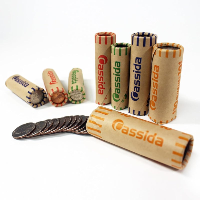 Cassida Preformed Coin Roll Wrappers. 100 Assorted Pack (Penny, Nickel, Dime, Quarter) Durable Preformed Paper Tubes Crimped on One End - Federal Reserve and ABA Standards (A-CWAP) - Image 1