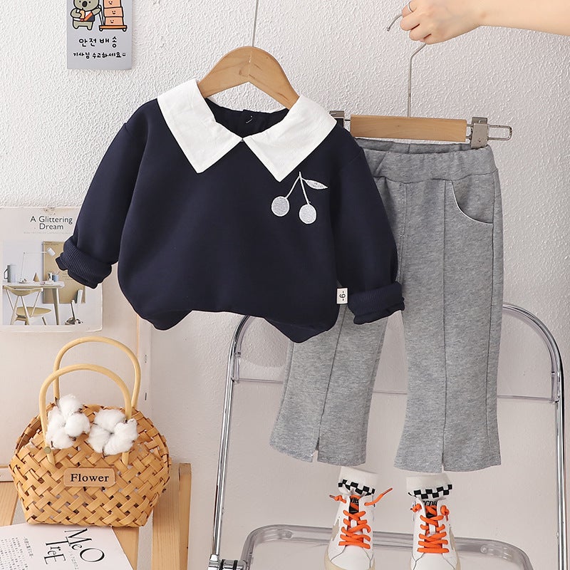 Autumn Fried Street Suit Autumn New Casual Children'S Large Lapel Chest Cherry Long Sleeve Two-Piece Set For Hair - Image 4
