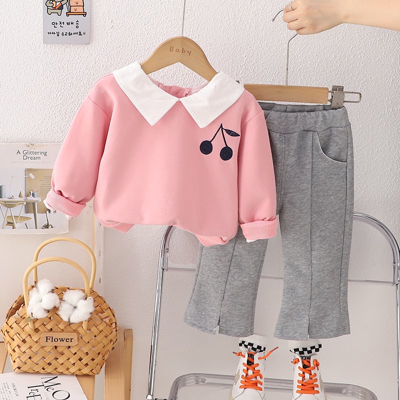 Autumn Fried Street Suit Autumn New Casual Children'S Large Lapel Chest Cherry Long Sleeve Two-Piece Set For Hair - Image 3