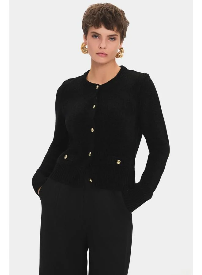JUNE June Women Gold Button Detailed Soft Texture Knitwear Cardigan Black