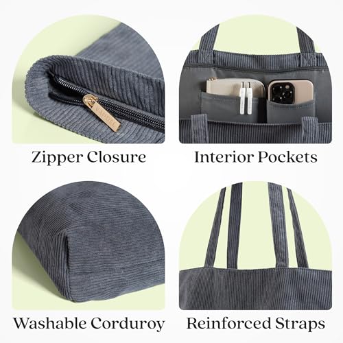 VANDEL Corduroy Tote Bag for Women and Men with Zipper and Inner Pockets. Cute School Tote Bag with Zipper, Aesthetic - Image 2