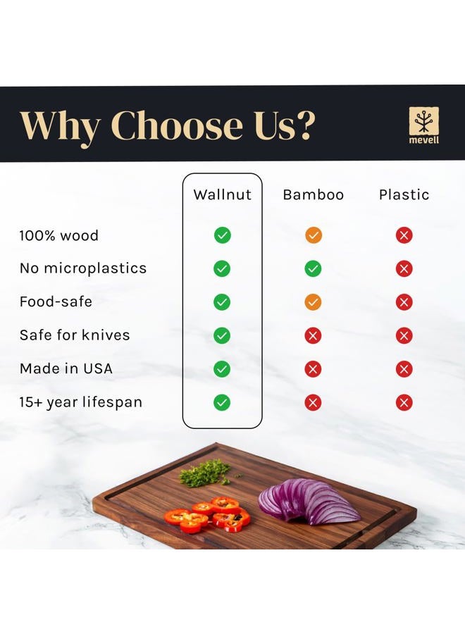 Mevell Walnut Wood Cutting Board for Kitchen, Reversible Wooden Chopping Board With Juice Grooves, Made in Canada (Large 17x11x0.75 Flat Grain) - Image 5