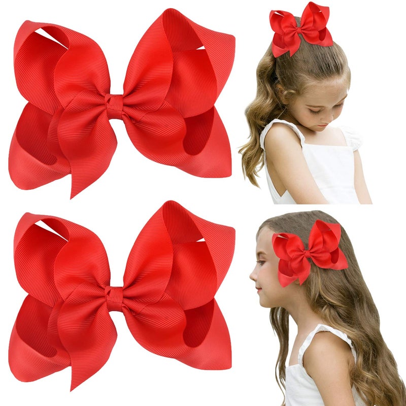 DEEKA 2 PCS 6 Big Handmade Grosgrain Ribbon Solid Color Hair Bows Alligator Clips Hair Accessories for Little Teen Toddler Girls Kids Set of 2 Red