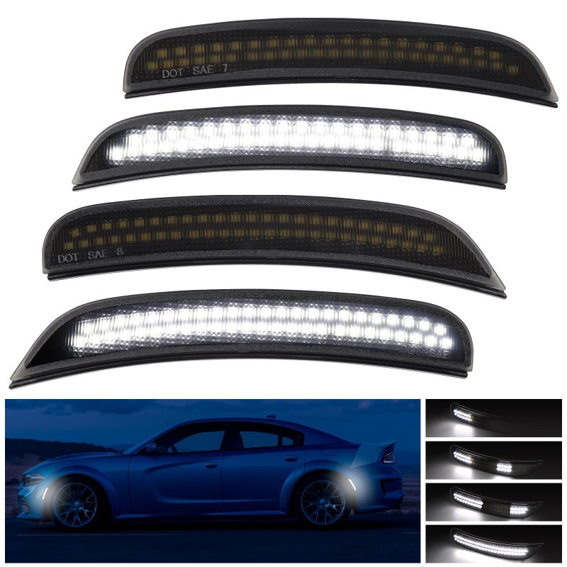أضواء مؤشر جانبي ديناميكية LED بيضاء لفورد دودج تشارجر 2015 2016 2017 2018 2019 2020 2021 2022 2023 2024 عدسة مدخنة مصباح عاكس أمامي وخلفي 4 قطع