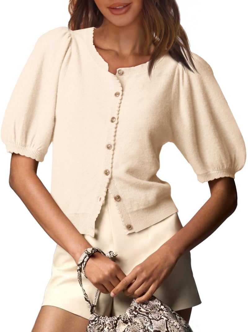 Saodimallsu Womens Puff Short Sleeve Cardigan Lightweight Summer Button Down Shirts Knit Crew Neck Sweater Tops Apricot - Image 1