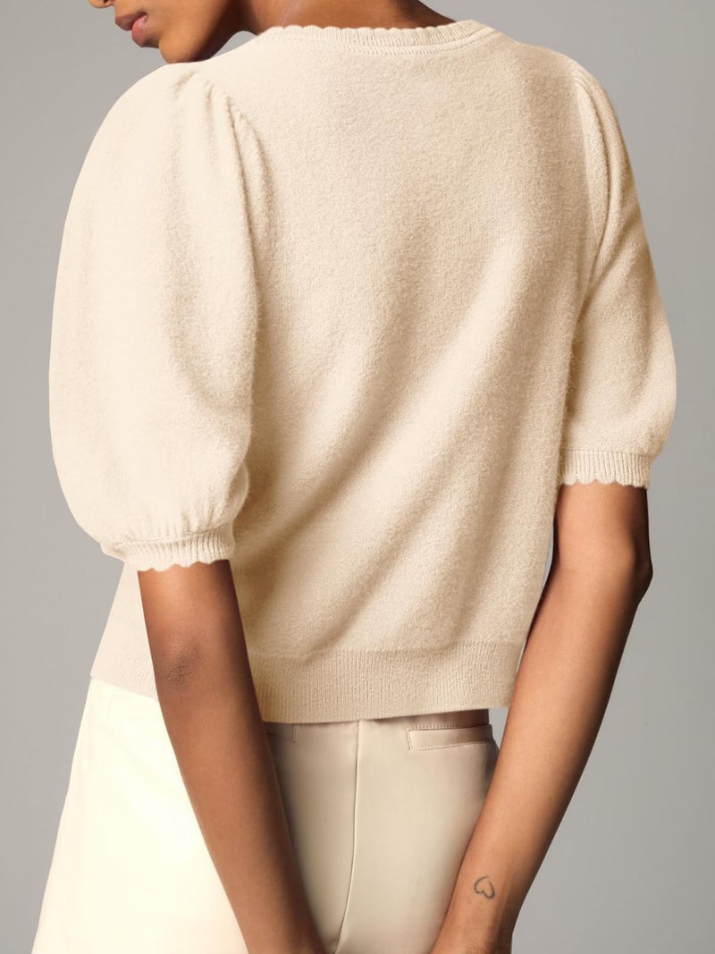 Saodimallsu Womens Puff Short Sleeve Cardigan Lightweight Summer Button Down Shirts Knit Crew Neck Sweater Tops Apricot - Image 5