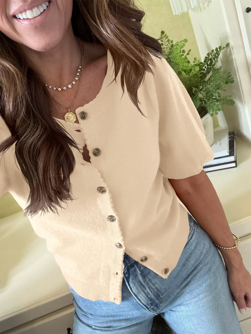 Saodimallsu Womens Puff Short Sleeve Cardigan Lightweight Summer Button Down Shirts Knit Crew Neck Sweater Tops Apricot - Image 3