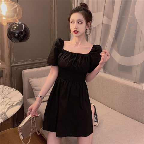 Summer Popular Smart Smoked Platycodon Grandiflorum High Waist Slim-fit Elegant Puff Sleeve Square Collar Solid Color Dress for Children 620 Black