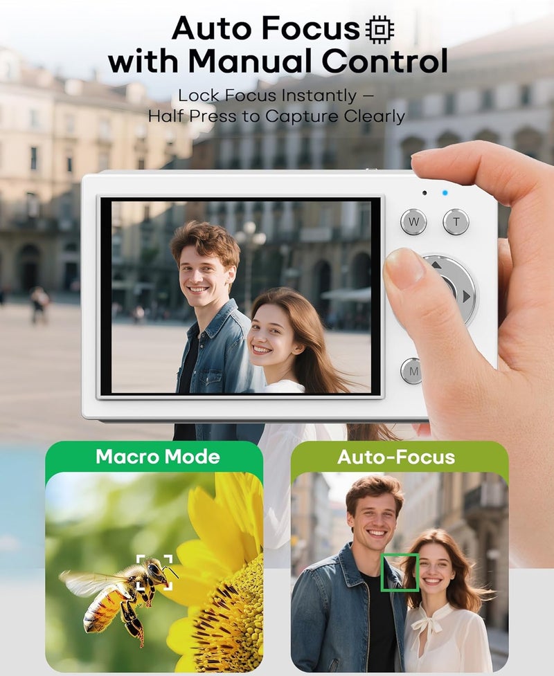 BIGASUO Digital Camera 4K with 64MP & 16X Digital Zoom - Autofocus Vlogging Camera with Anti-Shake, 64GB SD Card Included | Compact Travel Camera for YouTube Beginners, Teens & Adults (White) - Image 3