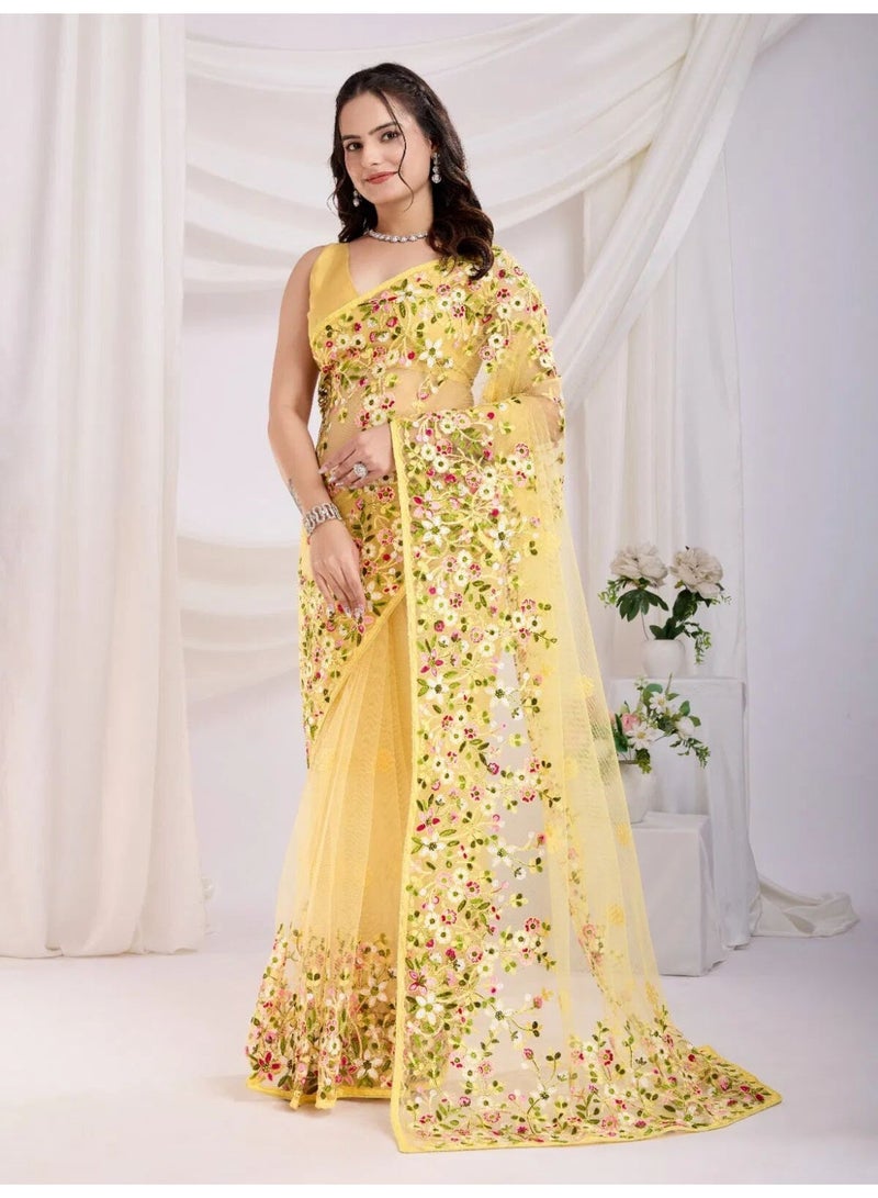 ساري مطرز بتصميم شبكي فاخر، يتميز بنقوش زهرية زاهية وقطعة بلوزة متناسقة | مخيط بتقنية Fall & Pico (أصفر) - Image 3