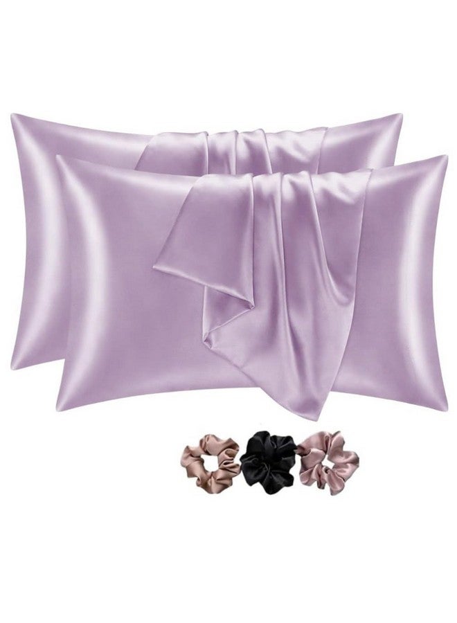 GO WELL Satin Silk Solid Pillow Cover For Hair And Skin 2 Piece With 3 Piece Satin Scrunchies For Women|Silk Pillow Covers With Envelope Closure End Design|Silk Pillow Cases(Light Purple)600 Tc - Image 1