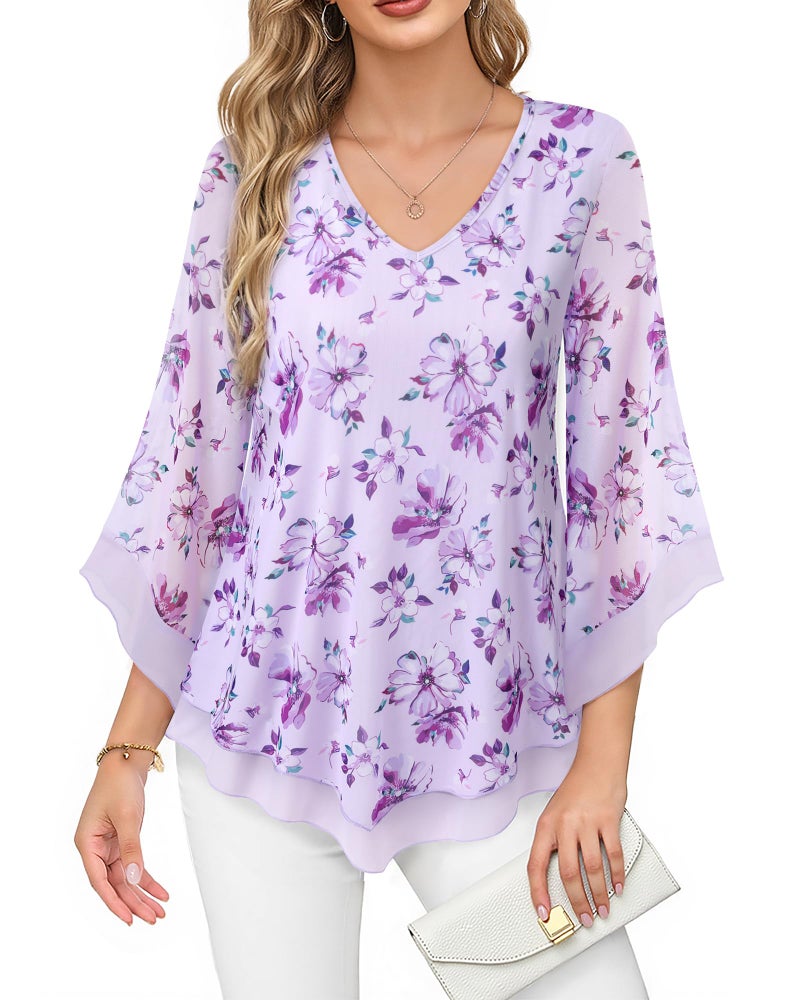 Lotusmile Womens Dressy Blouse Double Layers Mesh Shirt Ruffle 34 Flared Sleeve Tunic Tops Floral Purple M