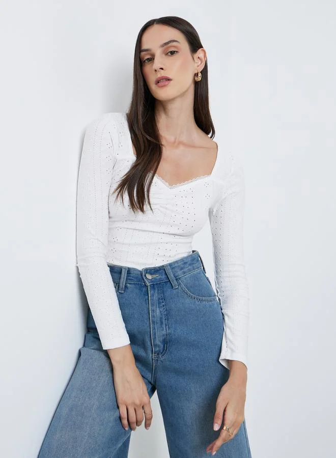 Styli Styli White Eyelet Long Sleeve Top