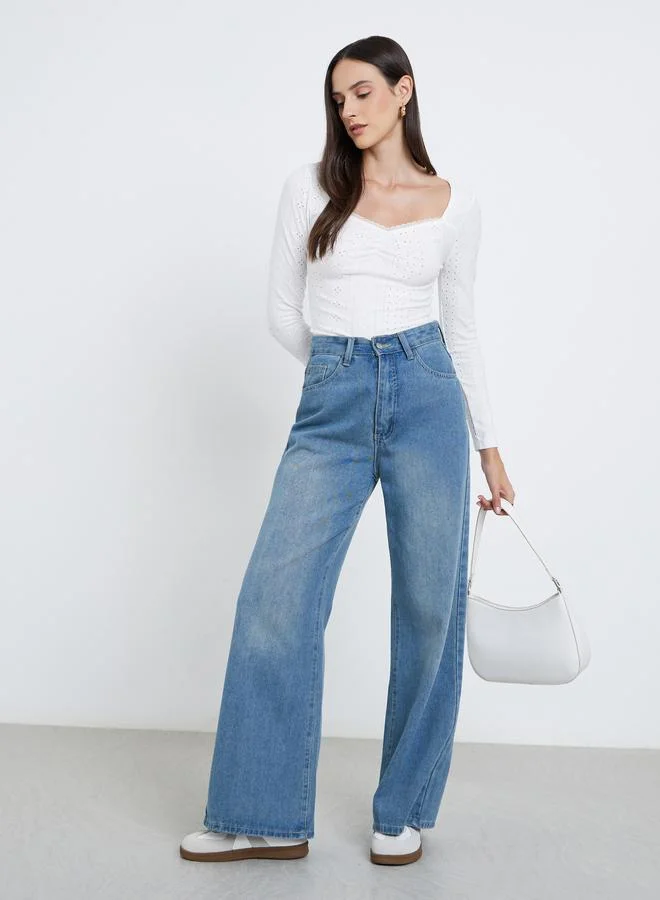 Styli Styli White Eyelet Long Sleeve Top