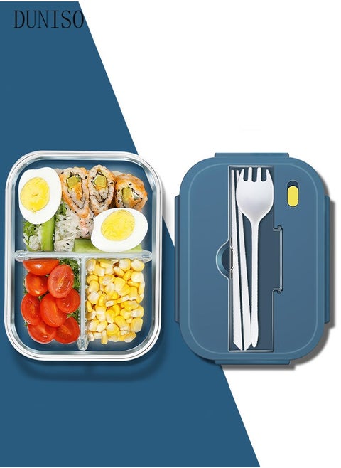 960ml glass lunch box with glass bowl, lunch box with reusable chopsticks and forks, leak proof food container for portable dining, lunch box cover can be used as a phone holder, microwave safe