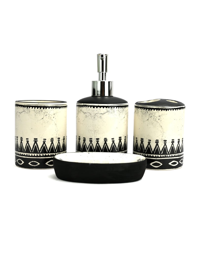 Bathroom Accessories Set Of 4/ Black Soap Dispenser Set/Includes Toothbrush Holder, Tumbler, and Soap Dish for Decorative Countertop and Housewarming Gift. (Black & White Printed - Image 1