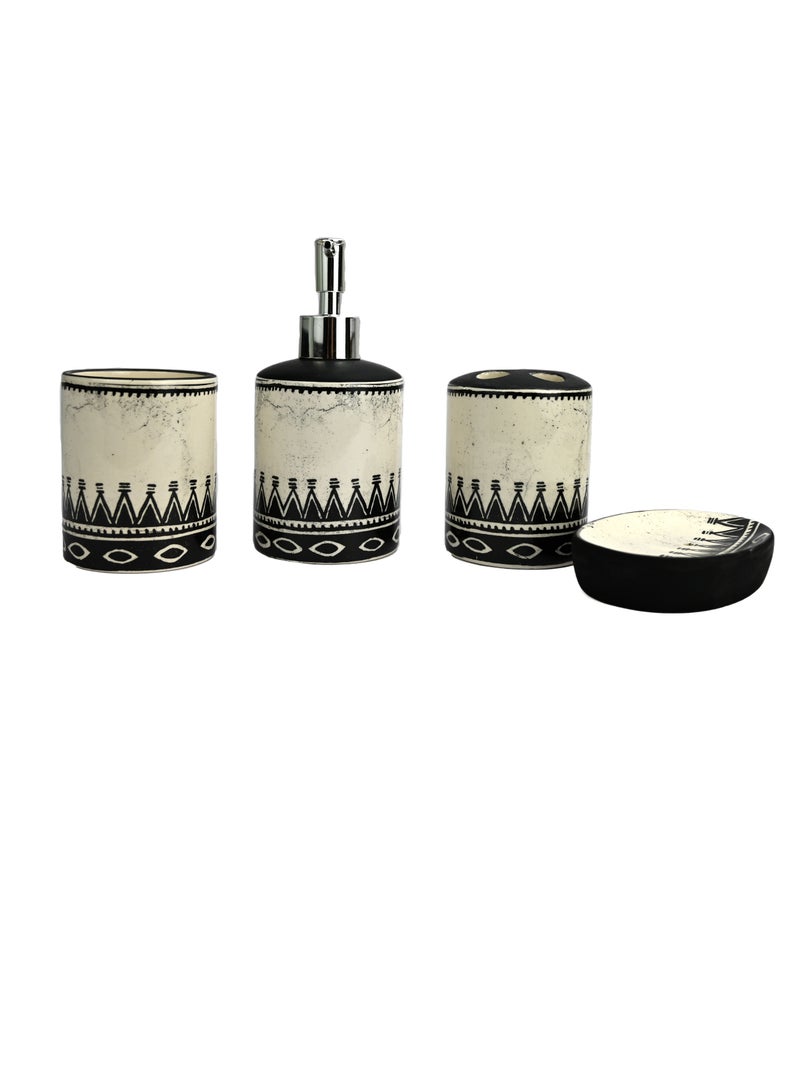 Bathroom Accessories Set Of 4/ Black Soap Dispenser Set/Includes Toothbrush Holder, Tumbler, and Soap Dish for Decorative Countertop and Housewarming Gift. (Black & White Printed - Image 2