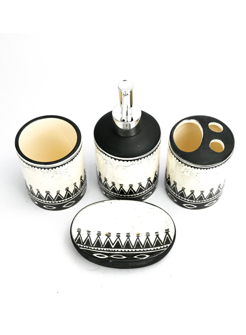 Bathroom Accessories Set Of 4/ Black Soap Dispenser Set/Includes Toothbrush Holder, Tumbler, and Soap Dish for Decorative Countertop and Housewarming Gift. (Black & White Printed - Image 3