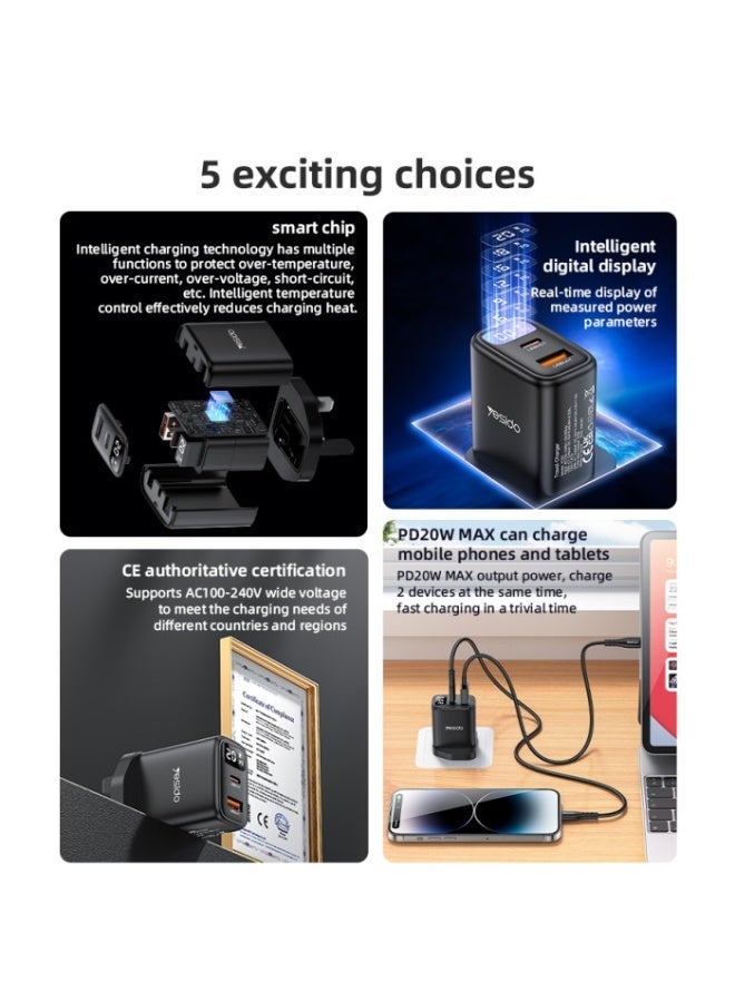 Yesido YC87 PD 20W USB-C / Type-C + USB Digital Display Charger, Specification:UK Plug (Black) - Image 2