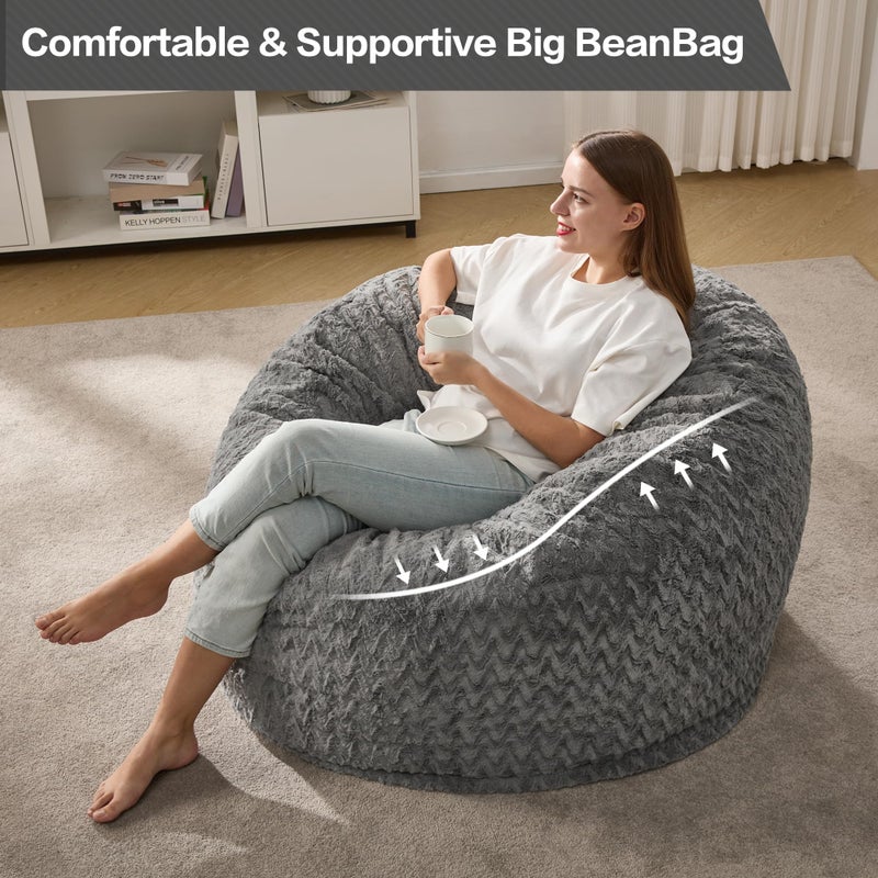 Hobestluk 3ft Bean Bag Chairs for Adults Large Beanbag Chair with Chevron Plush Fur Cover Big Bean Bag Chair for Living Room Bedroom Dorm Office - Grey (36â€ x 36â€ x 22â€) - Image 3