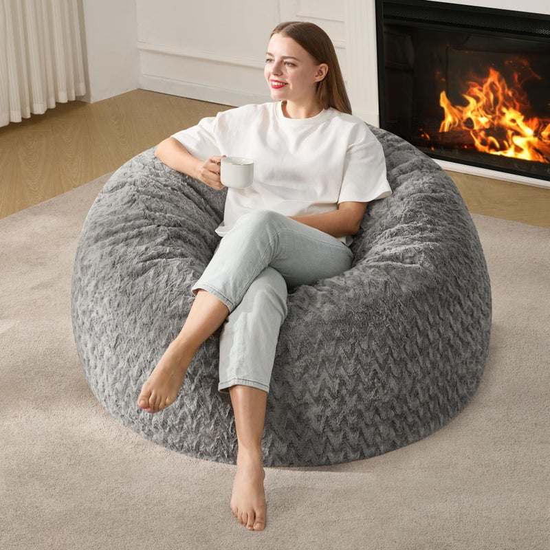 Hobestluk 3ft Bean Bag Chairs for Adults Large Beanbag Chair with Chevron Plush Fur Cover Big Bean Bag Chair for Living Room Bedroom Dorm Office - Grey (36â€ x 36â€ x 22â€) - Image 1
