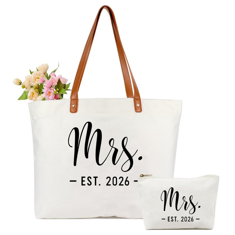 Lamyba Bride Tote Bag â€“ Mrs EST 2026 White Tote with Zipper, Bridal Shower Gift for Bride, Wedding Day & Honeymoon Bag, Bride to Be Gift - Image 1