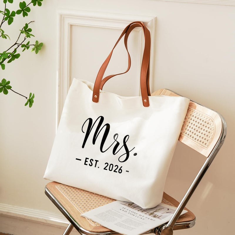 Lamyba Bride Tote Bag â€“ Mrs EST 2026 White Tote with Zipper, Bridal Shower Gift for Bride, Wedding Day & Honeymoon Bag, Bride to Be Gift - Image 3
