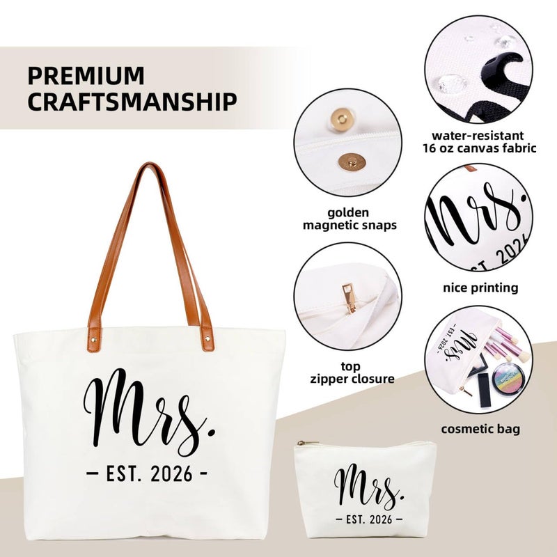 Lamyba Bride Tote Bag â€“ Mrs EST 2026 White Tote with Zipper, Bridal Shower Gift for Bride, Wedding Day & Honeymoon Bag, Bride to Be Gift - Image 4