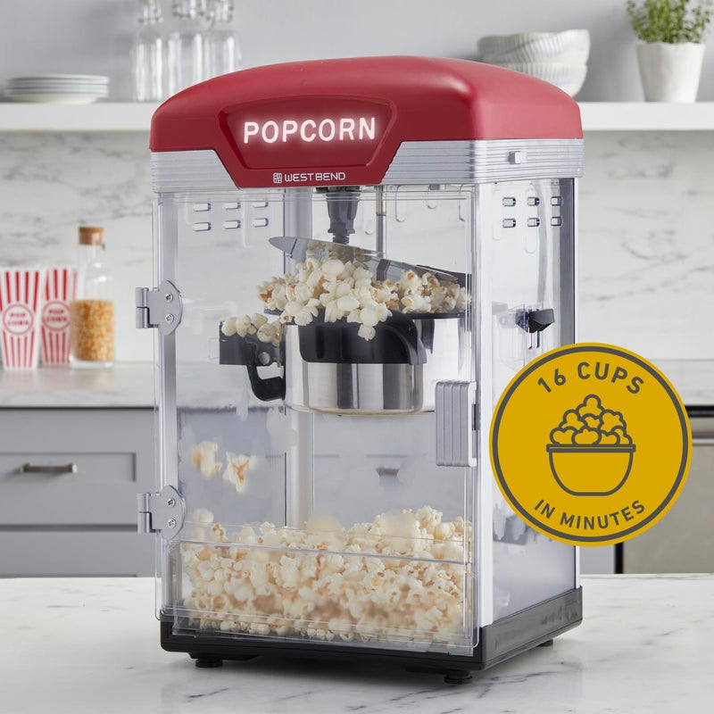 West Bend Stir Crazy Movie Theater Popcorn Popper, Popcorn Maker Machine with Nonstick Popcorn Kettle, Measuring Tool and Popcorn Scoop for Popcorn Machine, 4 Qt., Red - Image 2