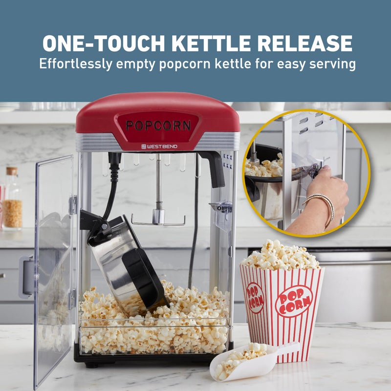 West Bend Stir Crazy Movie Theater Popcorn Popper, Popcorn Maker Machine with Nonstick Popcorn Kettle, Measuring Tool and Popcorn Scoop for Popcorn Machine, 4 Qt., Red - Image 3